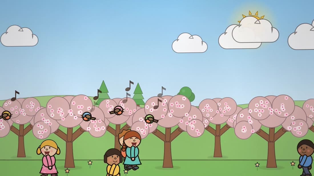 Animated scene: children play under pink blossom trees while birds sing