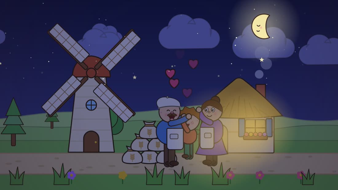 Animated scene: the miller's family hugs outside their mill under a smiling moon
