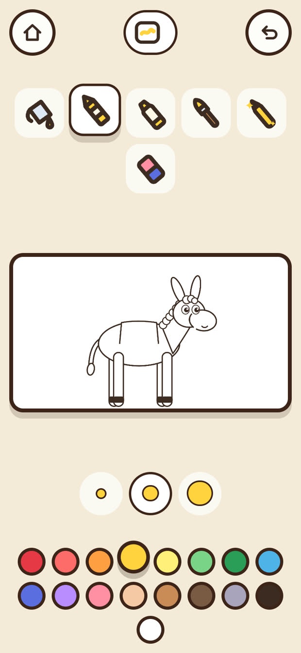 The coloring screen with crayons and a donkey to color