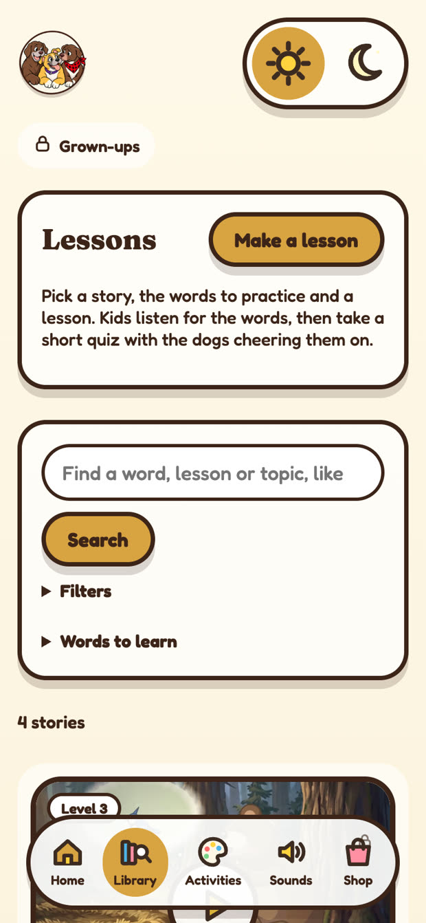 The library screen with lesson builder and word search