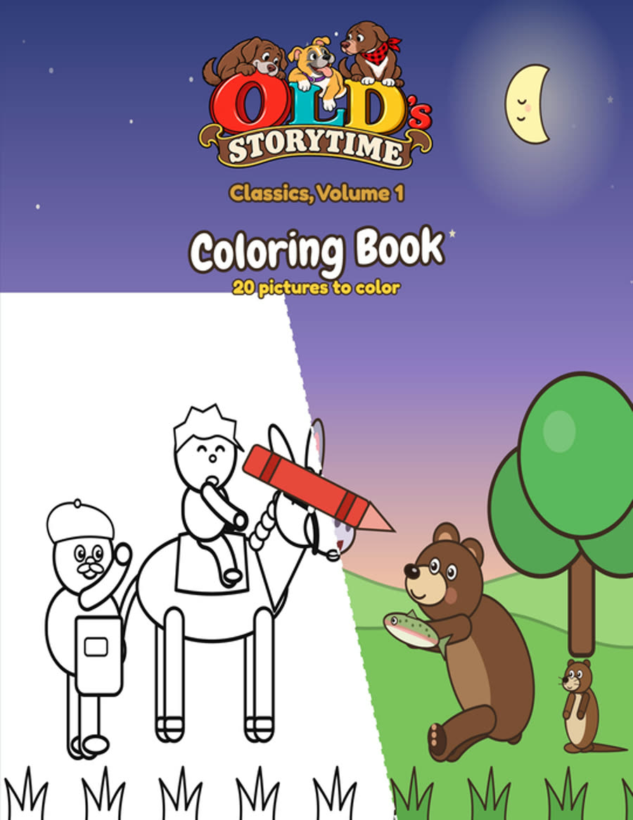 Cover of the OLD's Storytime Classics Coloring Book, Volume 1, half colored in
