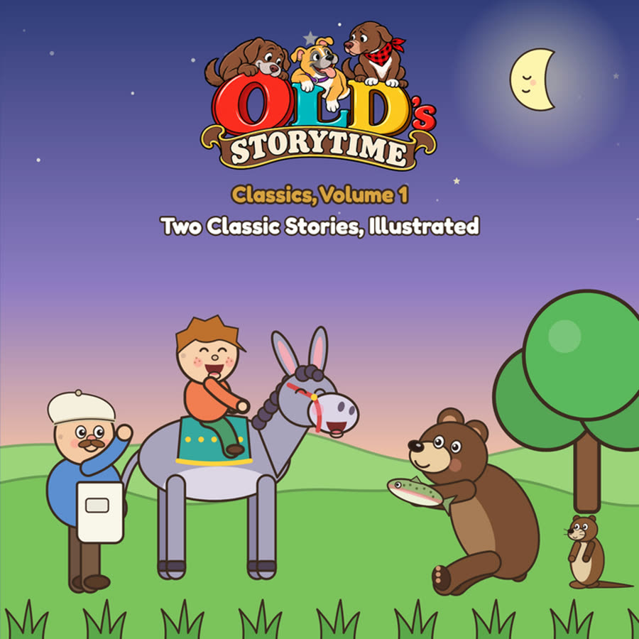 Cover of OLD's Storytime Classics, Volume 1: the miller's son rides the donkey while Buster Bear holds a fish