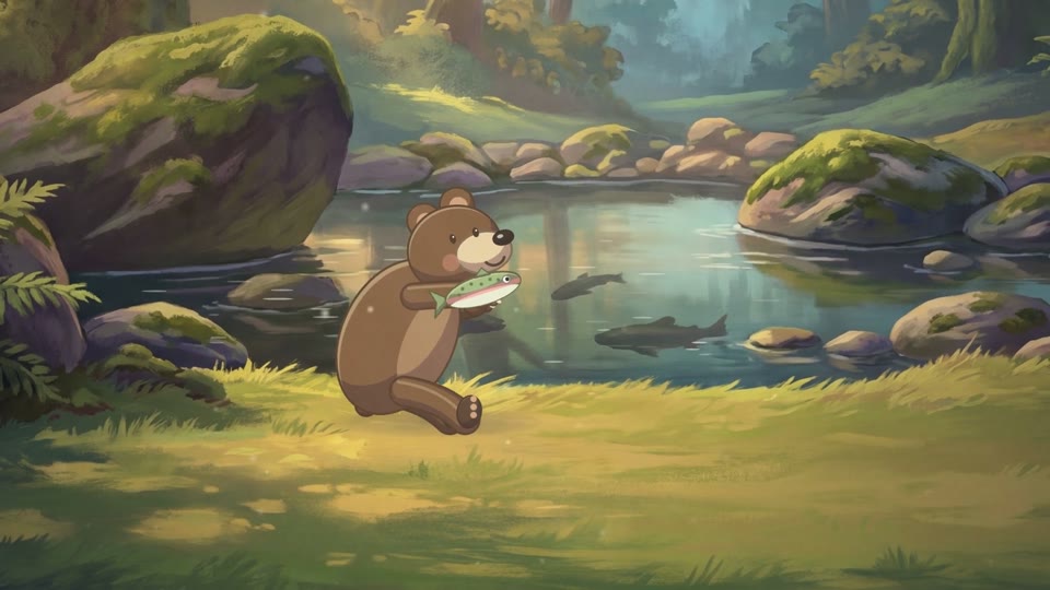 Buster Bear sits by a forest pool holding a fish