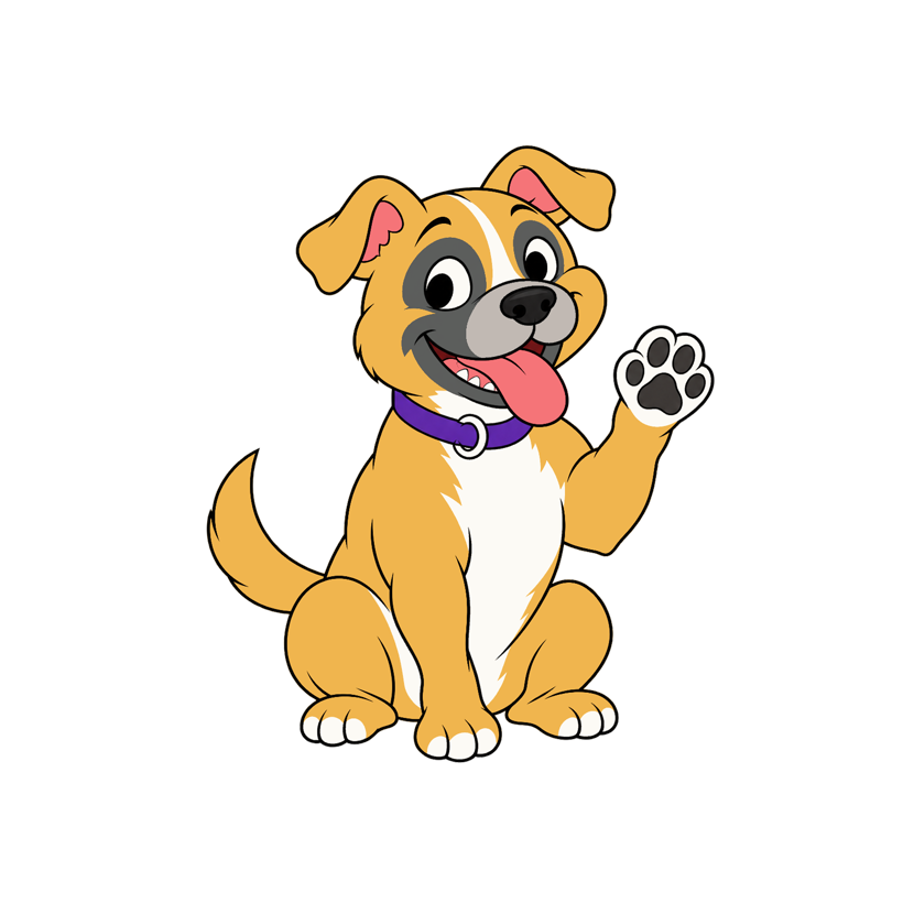 Lindsay, a fawn pit bull with a purple collar, sitting and waving one paw