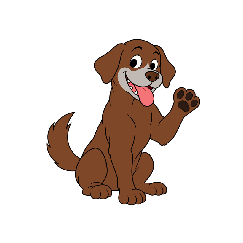 Oliver, a chocolate Labrador, sitting and waving one paw