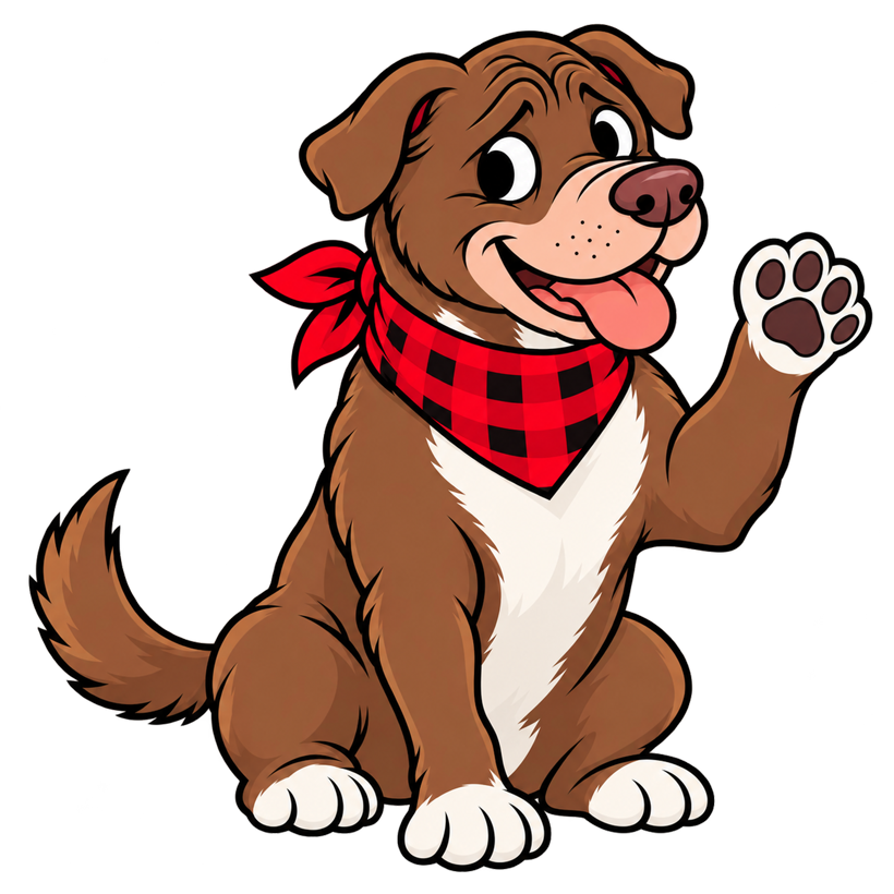 Daryl, a liver-brown pit bull in a red checked handkerchief, sitting and waving one paw