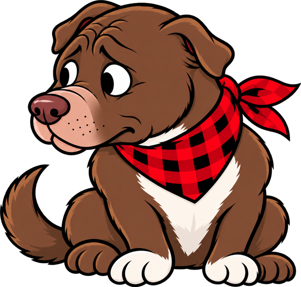 Daryl, a liver-brown pit bull in a red checked handkerchief, sitting and looking worried