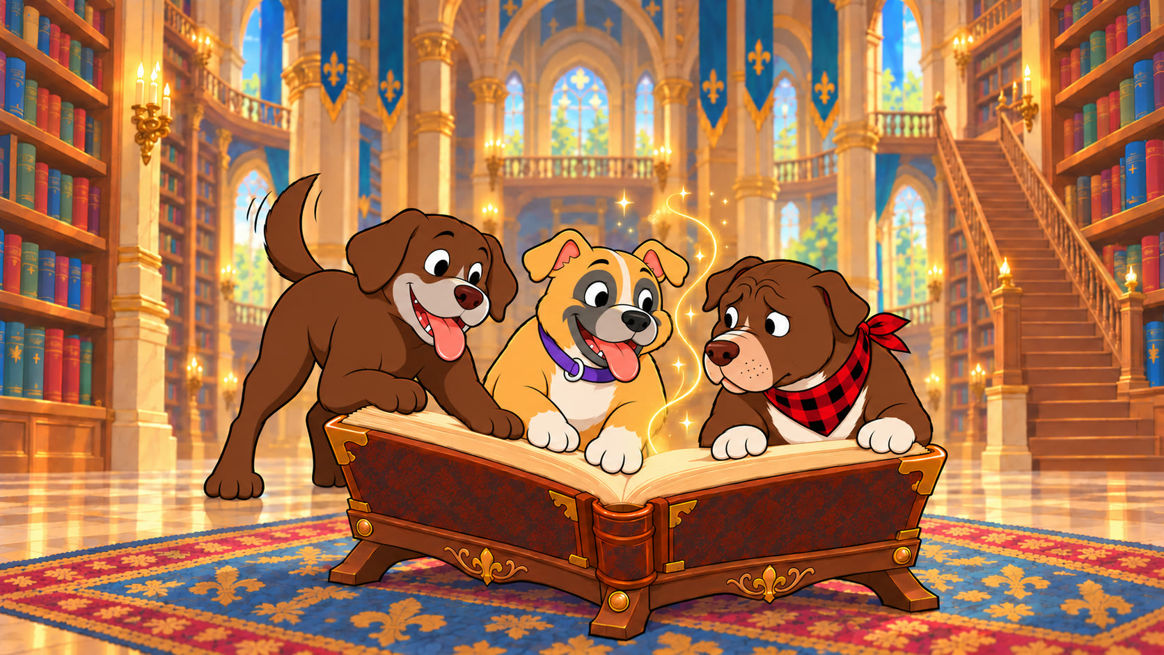 Oliver, Lindsay and Daryl lean over a giant glowing storybook in a castle library