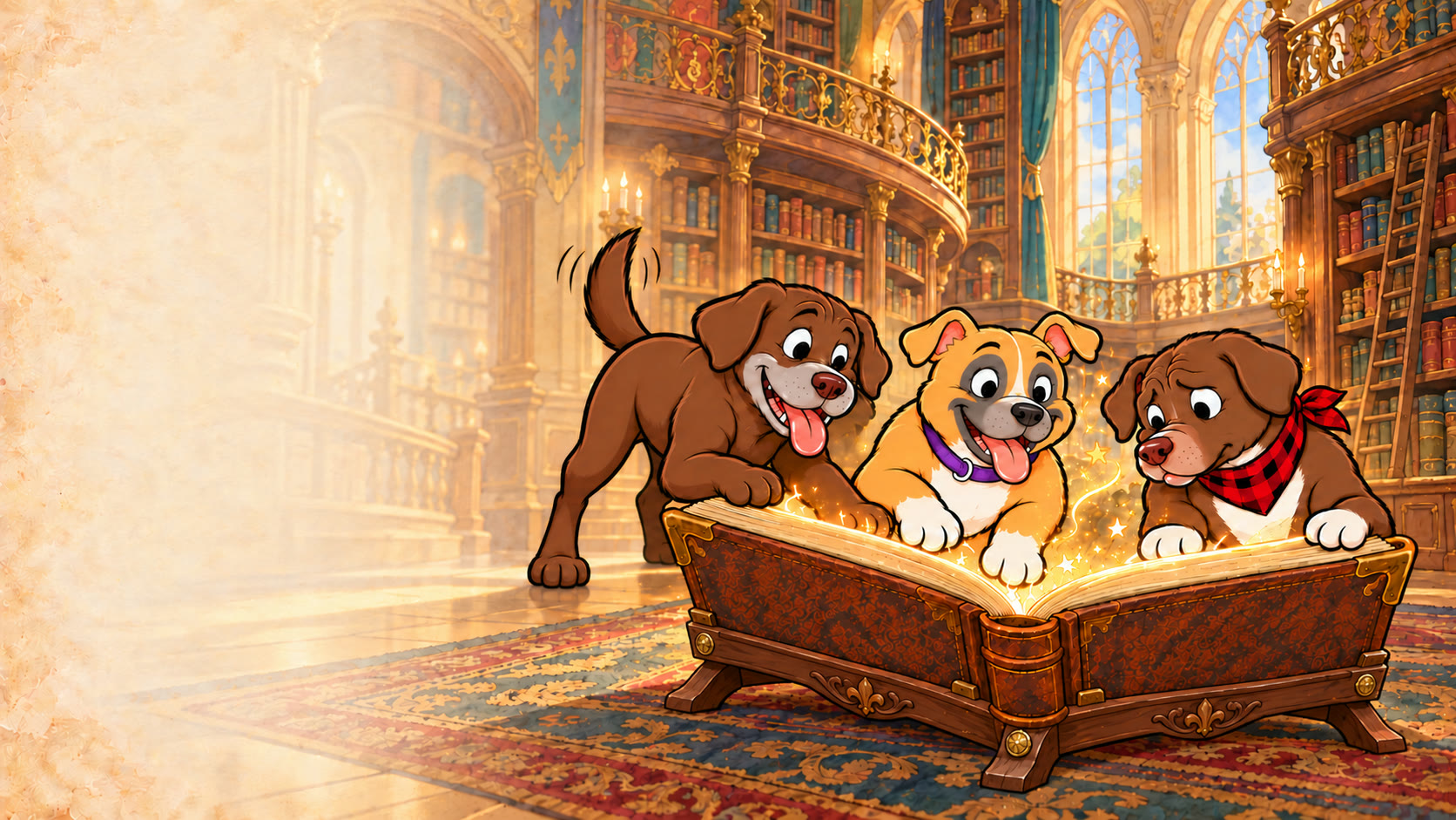 Oliver, Lindsay and Daryl lean over a giant glowing storybook in a castle library