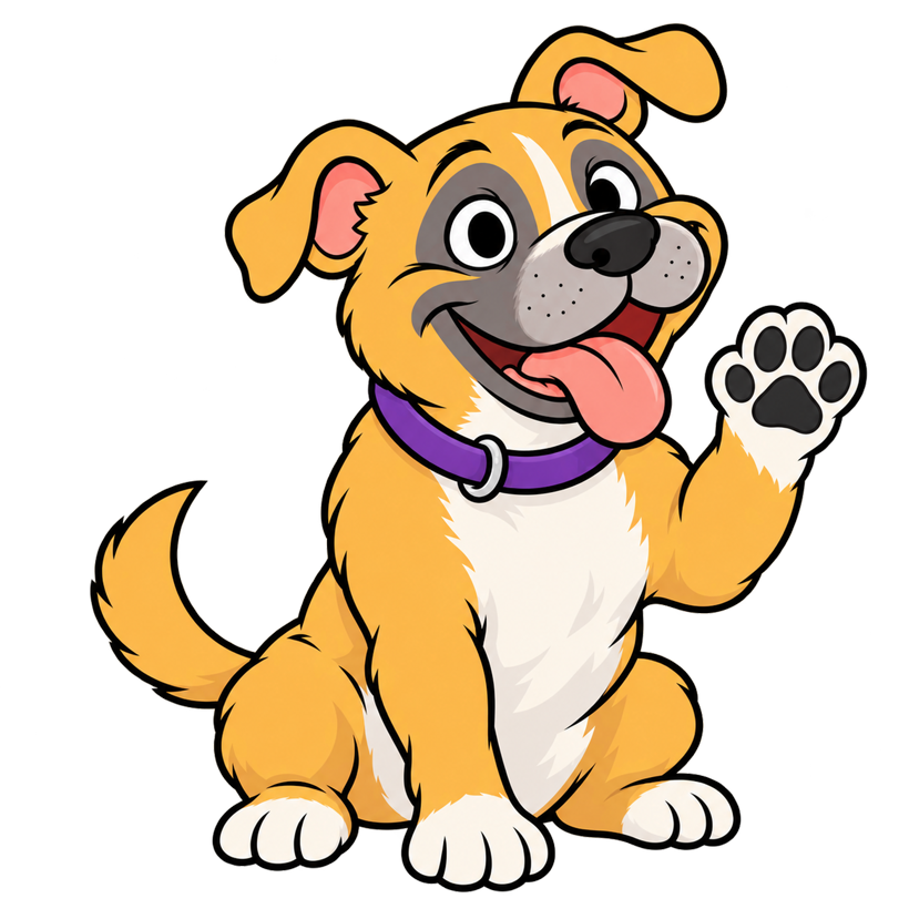 Lindsay, a fawn pit bull with a purple collar, sitting and waving one paw
