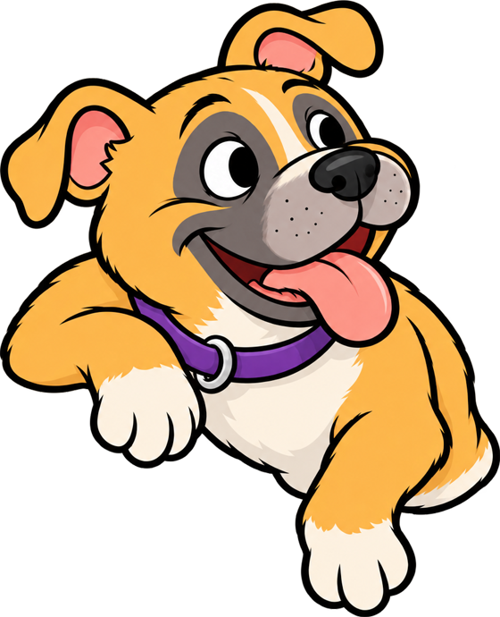 Lindsay, a fawn pit bull with a purple collar, grinning with her tongue out