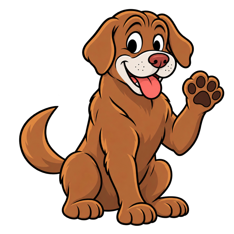 Oliver, a chocolate Labrador, sitting and waving one paw