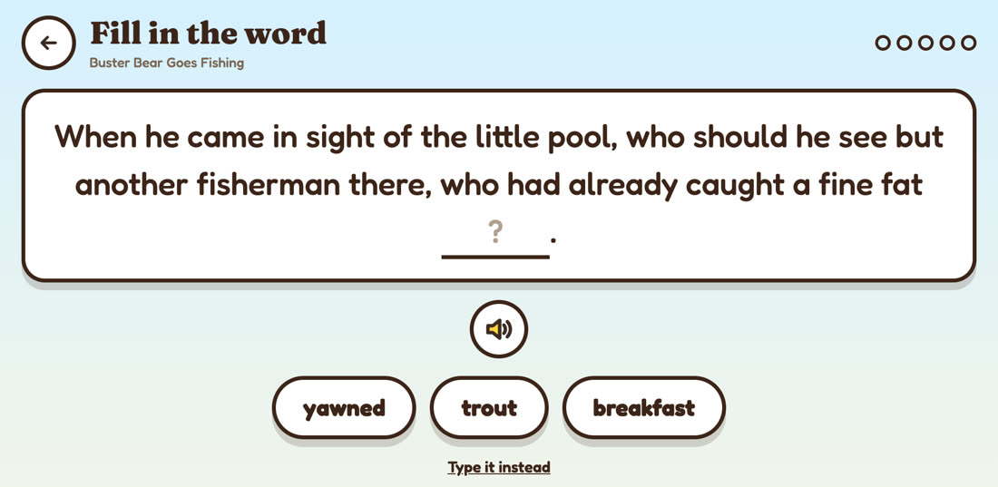 Fill in the word: a sentence from Buster Bear with a missing word and three choices
