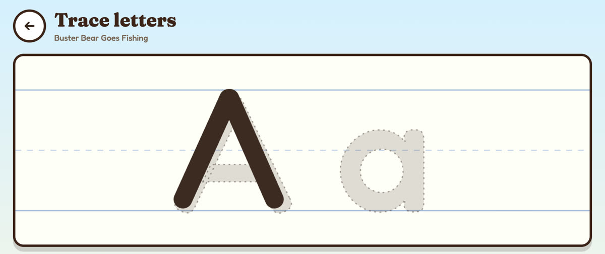 Letter tracing: a capital A half traced in dark crayon next to a dotted lowercase a