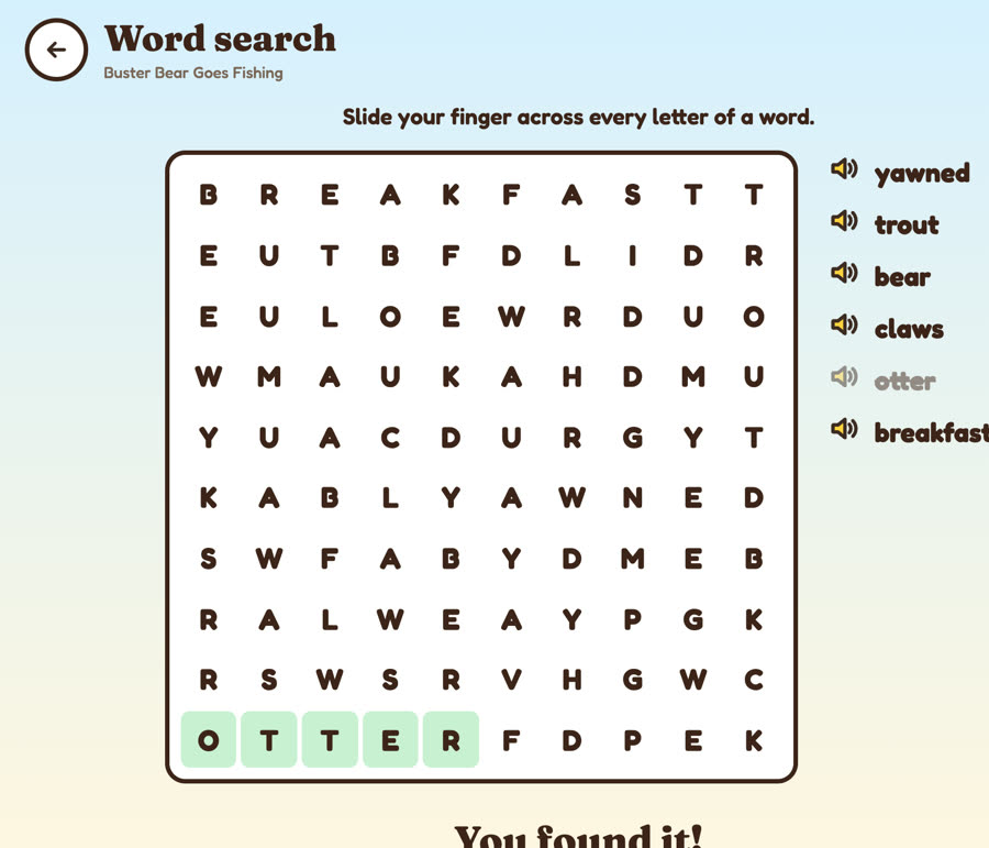 A word search with words from Buster Bear Goes Fishing; the word otter has been found