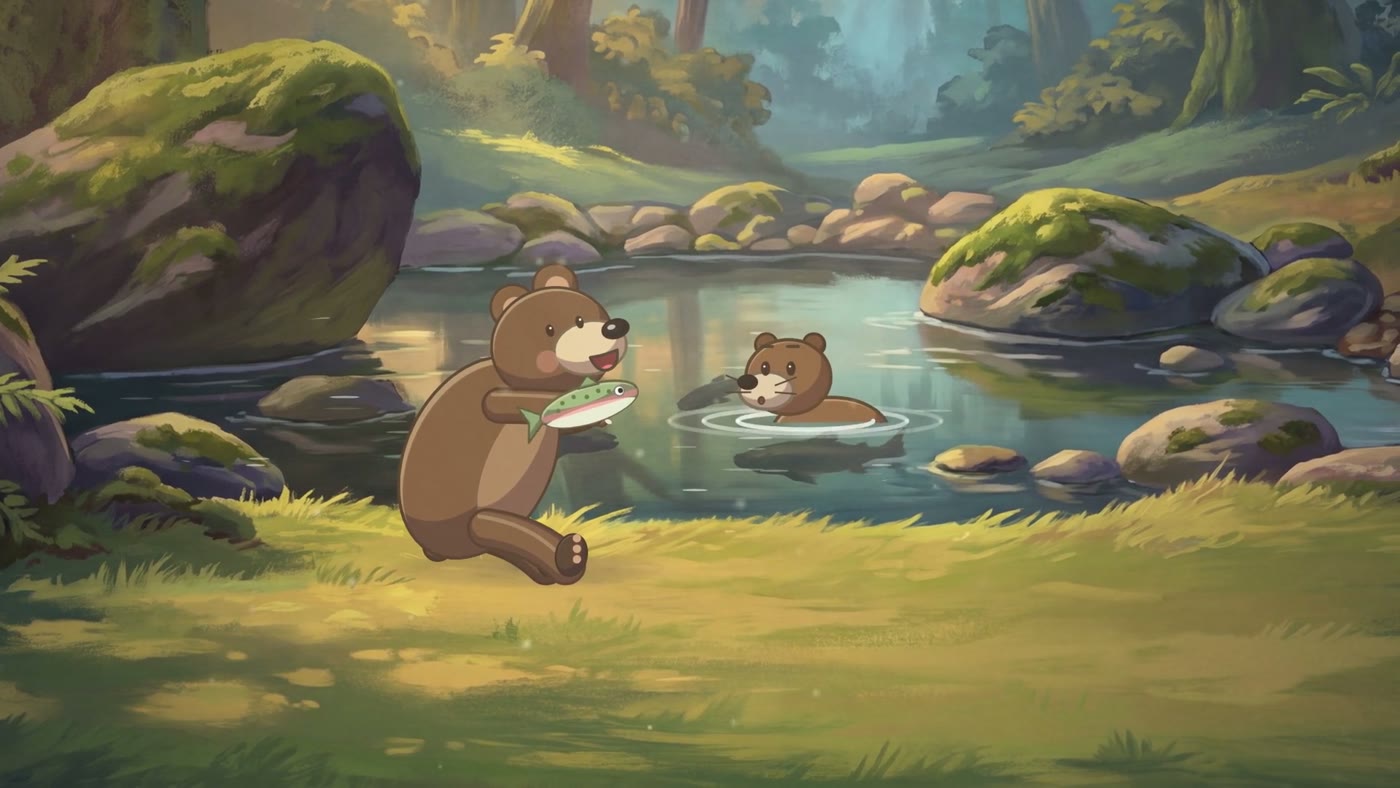 Buster Bear sits by the forest pool holding a trout while Little Joe Otter swims nearby